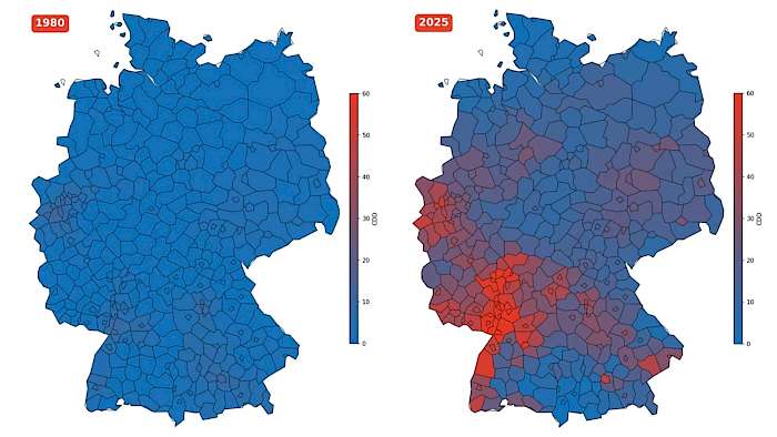 Karte Deutschlands mit Hitzehotspots